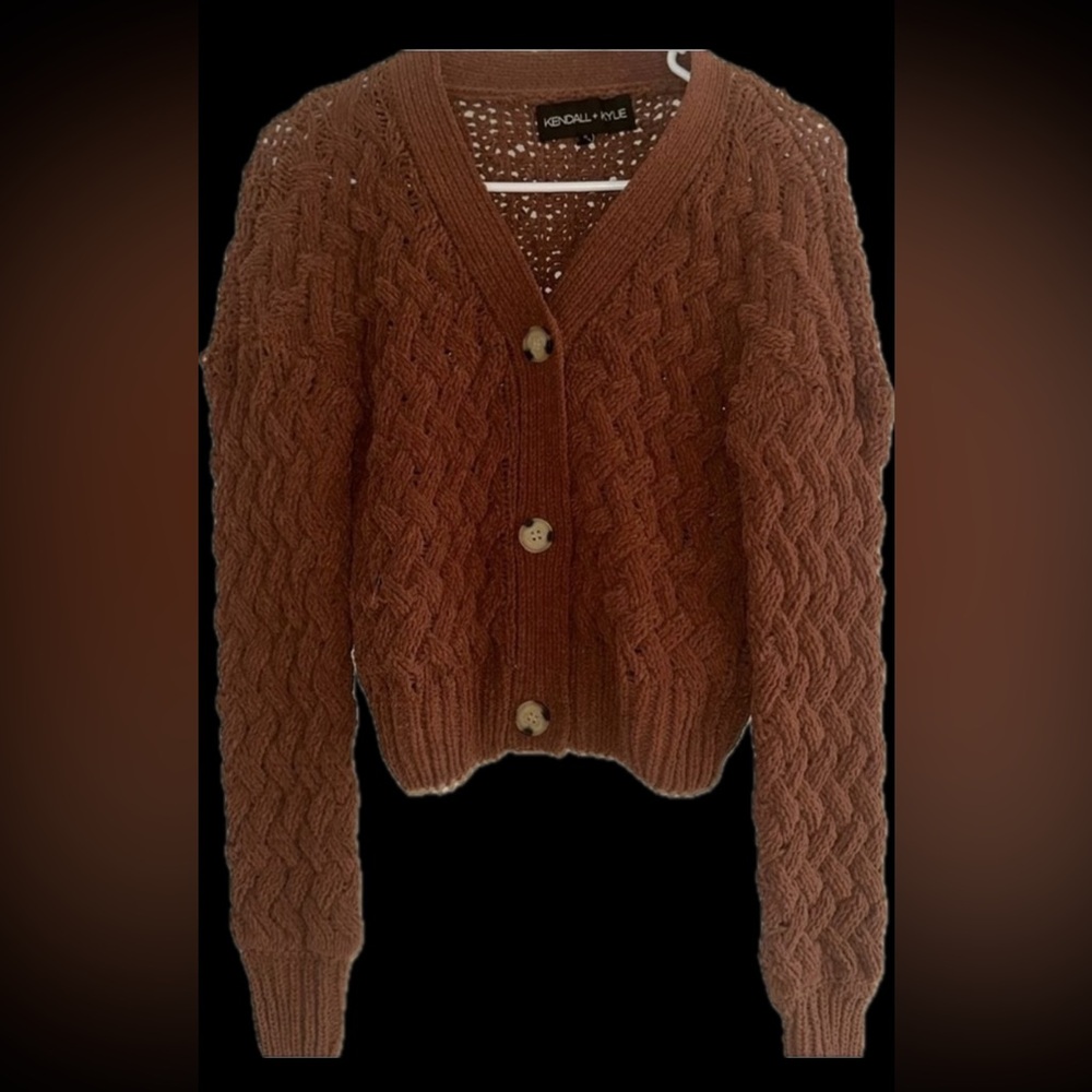 Kendall & Kylie Brown Chenille Cardigan Chunky Moderately Cropped Cotton, size S